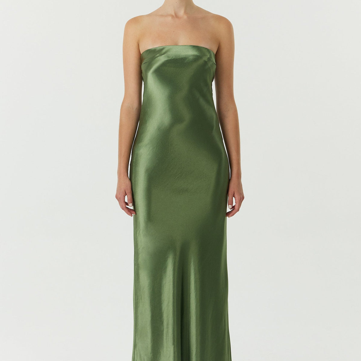 SATIN TIE BACK STRAPLESS MIDI  OLIVE — THIRD FORM - International